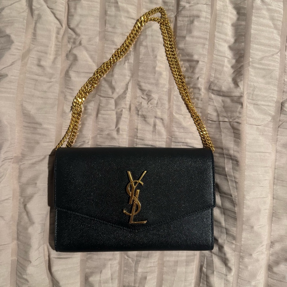 Yves Saint Laurent Black and Gold Clutch with Gold Chain Uptoen